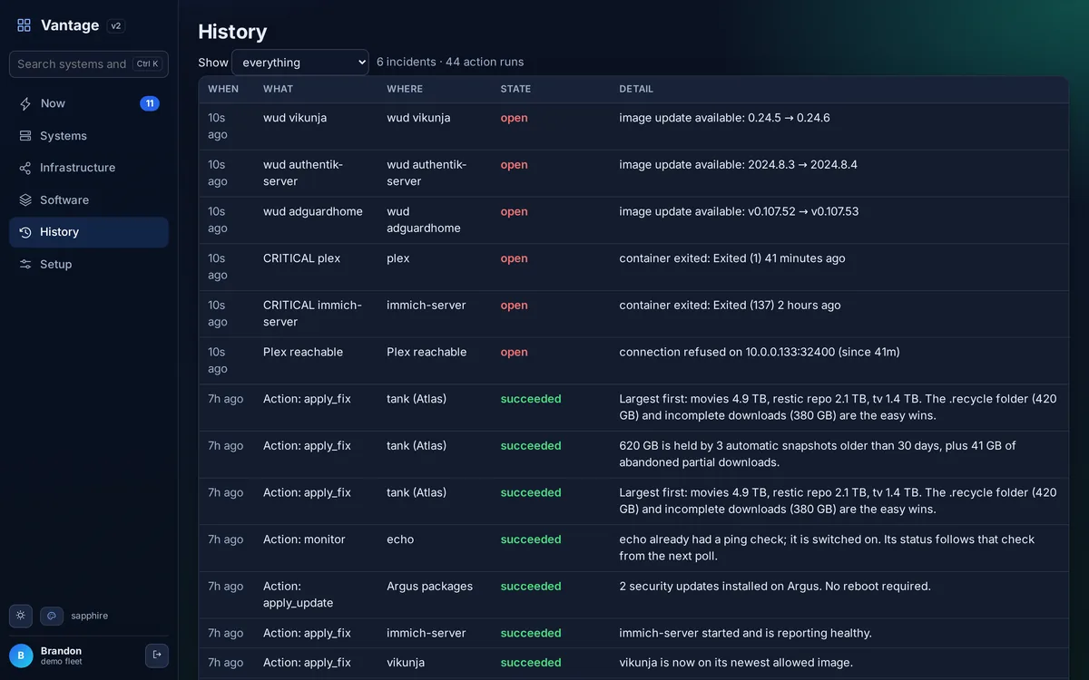 The History view in Vantage, incidents and action runs in one timeline