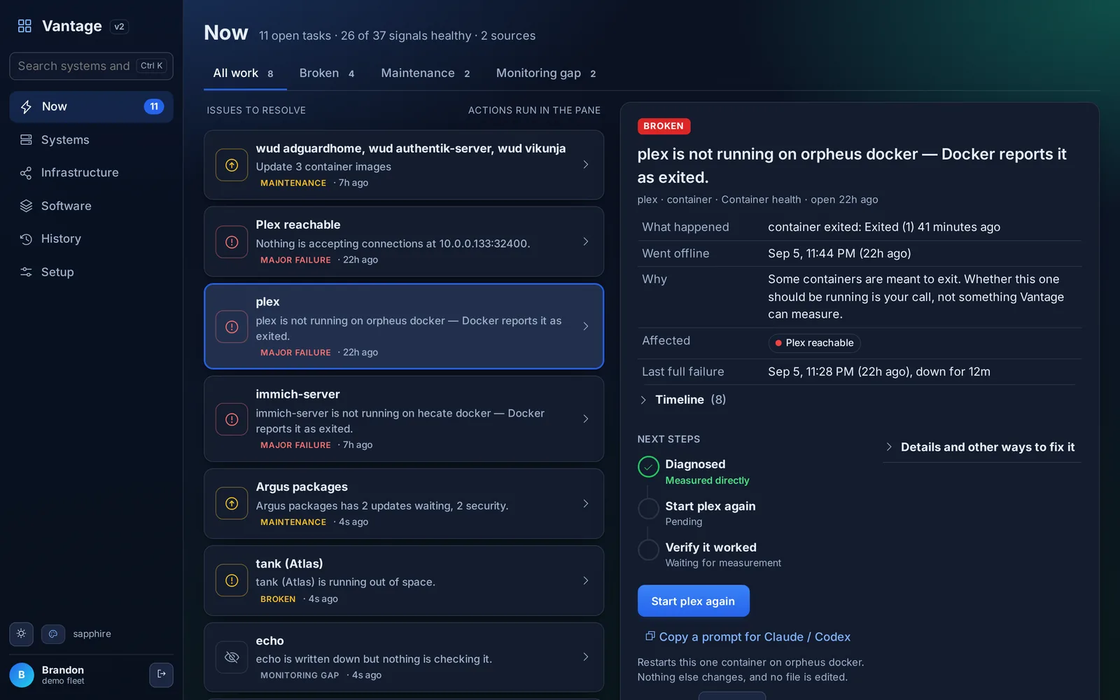 The Now queue in Vantage, with a failed container selected and its fix ready to run